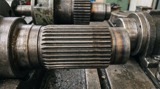 Industrial metal spline coupling shaft with signs of use in a workshop environment