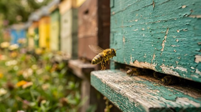 Beehive entrance with bee in focus apiary background.