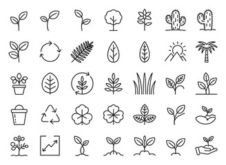 Fototapeta premium Plant and Nature Icons: A collection of simple line art icons representing various aspects of nature and plant life, including sprouts, trees, leaves, cacti, recycling symbols, and growth charts.