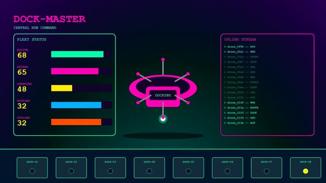Monitoring delivery droids through a glowing digital interface displaying real time fleet status statistics and navigational tracking flow on a dark purple gradient computer monitor screen