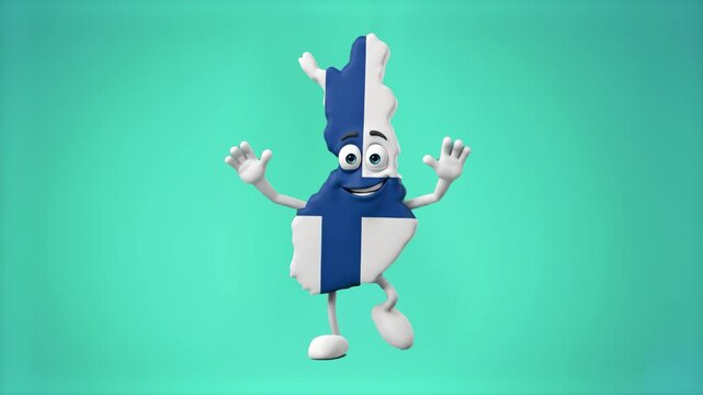 A friendly 3D Finland country map character decorated with the Finnish flag waving happily on a bright cyan background. Perfect for European geography lessons, travel promotions, Scandinavian cultural