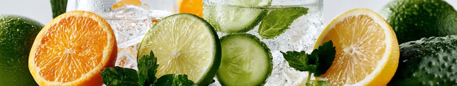 Refreshing Drink Close up banner of citrus and cucumber infused sparkling water with mint, ice and condensation