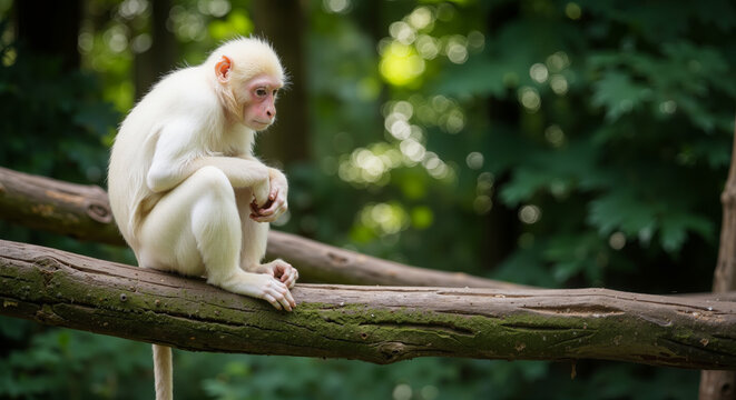 An albino monkey sits thoughtfully on a thick tree branch in a lush green forest.