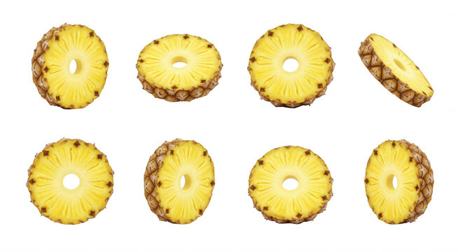 sliced pineapple rings arranged on a white backdrop culinary preparation and healthy food options food related projects
