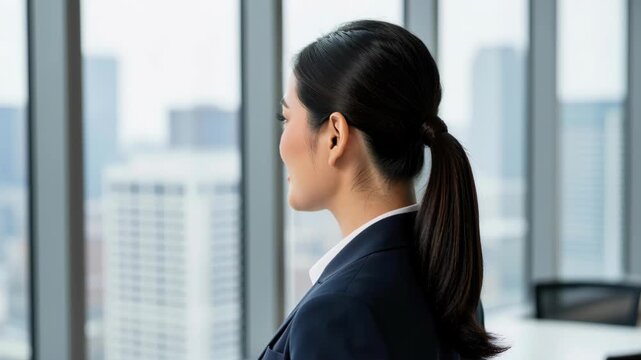 Confident Visionary: A professional businesswoman looks out from a modern office window, her gaze fixed on the cityscape, embodying ambition and forward-thinking.