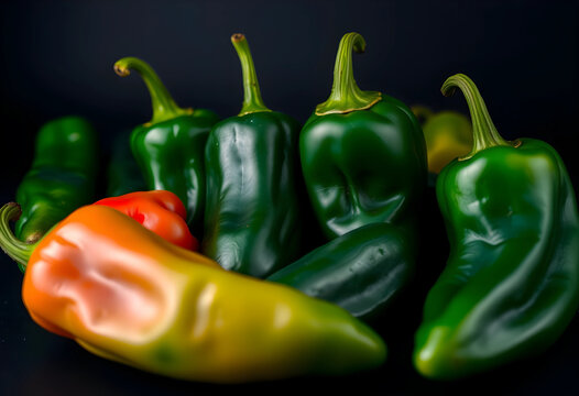 Assortment of fresh green, orange, and red chili peppers on a dark background, healthy cooking ingredients