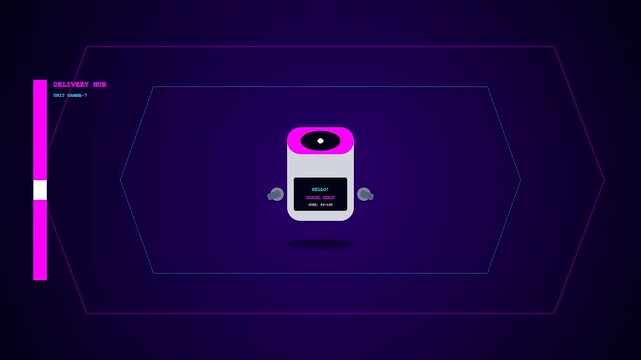 A sequence showing delivery droids navigating a neon interface with floating robots moving across a dark screen to illustrate an automated logistics tracking system interface