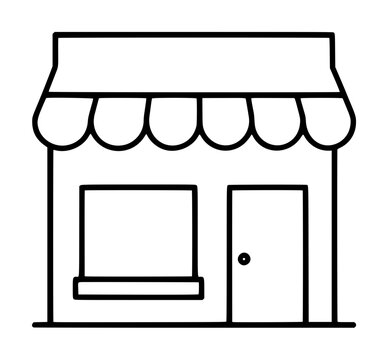 Hand-traced vector icon illustration of a charming storefront with a striped scalloped awning, large display window, and a front door with a round knob, isolated on white background