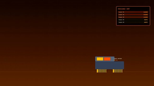 Automated delivery droids navigate across a dark interface display while managing cargo inventory lists shown in bright yellow and orange markers within a simulated digital environment