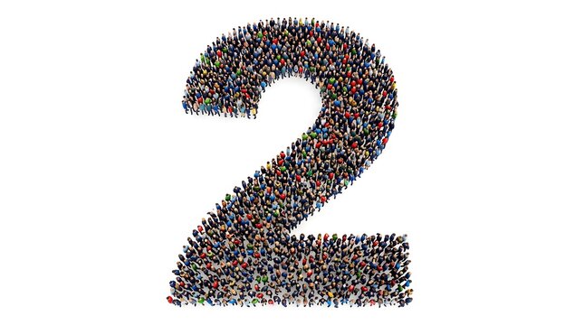 Crowd of tiny people forming the number two on white background