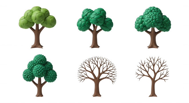 3d cartoon trees set on a white background growth stages nature and environment