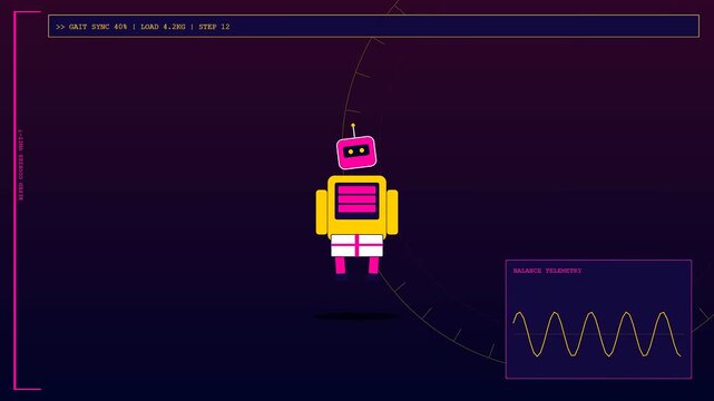 Minimalist delivery droids float through a digital interface showing telemetry data with pink and yellow icons displayed on a dark gradient screen during a monitoring routine
