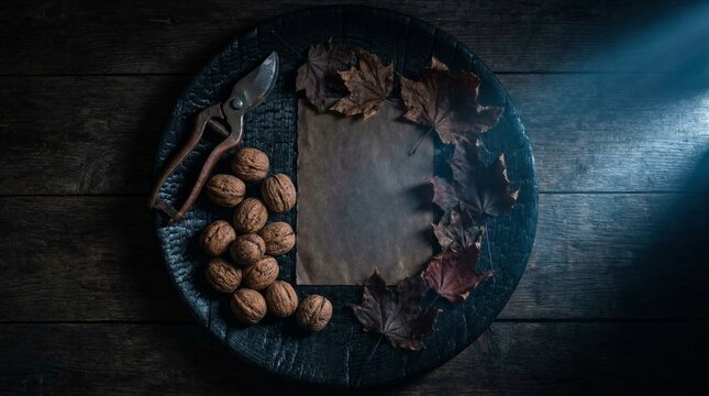 Walnuts and garden shears arranged on charred wood for Thanksgiving holiday food preparation culinary design menu background