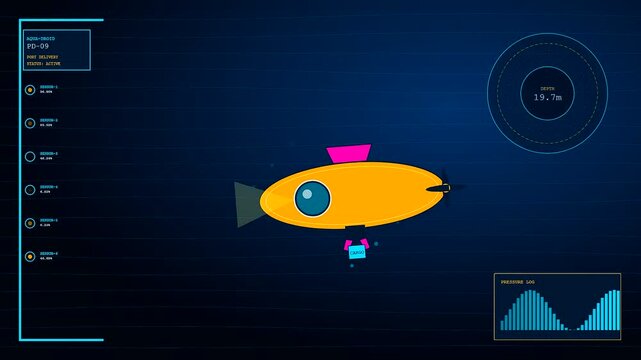 Delivery droids navigate deep water zones within a glowing circular interface as the small yellow submarine machine performs automated transport tasks in this bright blue scene