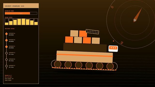 Industrial automated delivery droids navigate across the arid landscape while loading cargo boxes displayed within a digital interface monitor showing operational logistics data and navigation metrics