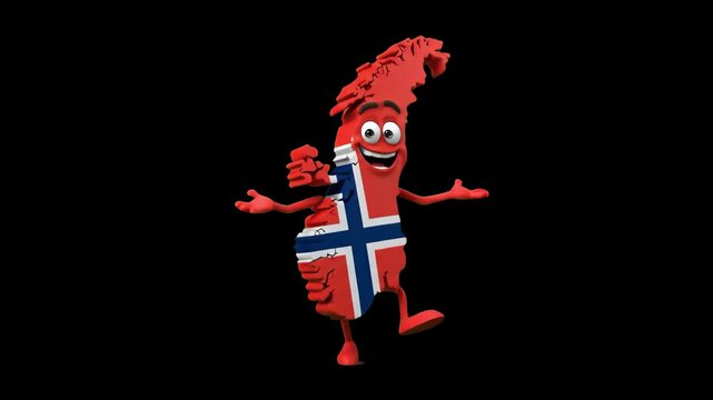 A friendly 3D Norway country map mascot decorated with the national flag presenting with arms open isolated against a sleek black background. Suitable for European travel videos, Scandinavian cultural