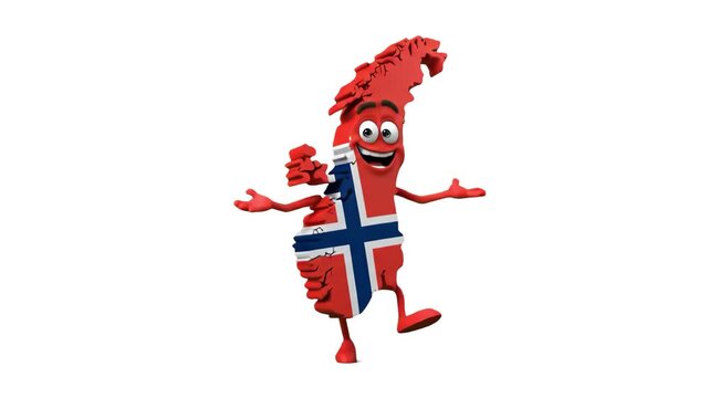 A happy 3D Norway country map character styled with the Norwegian flag standing joyfully with arms wide open isolated on a clean white background. Great for Scandinavian travel promotions, European ge