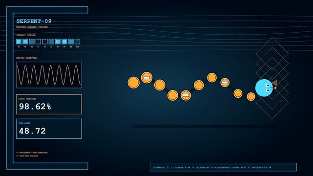 A sequence of delivery droids traveling across a digital interface while showing biometric status updates on a glowing screen with active navigation paths for cargo movement