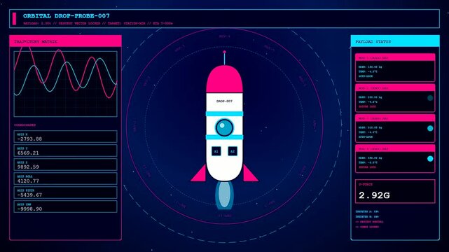 Digital displays showing flight telemetry of delivery droids while the machines descend through the vacuum of space during a rapid interplanetary orbital drop mission sequence