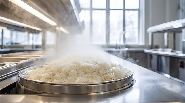 Steaming cooked rice in large stainless steel tray inside commercial kitchen.