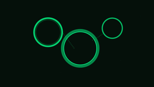 Glowing green glowing digital circles connected with dashed lines on dark background
