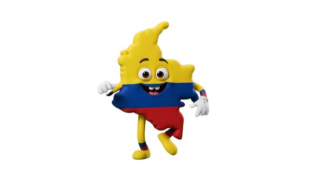 A friendly 3D Colombia country map mascot character decorated with the tricolor flag dancing with open arms isolated on a clean white background. Perfect for South American geography videos, travel ch