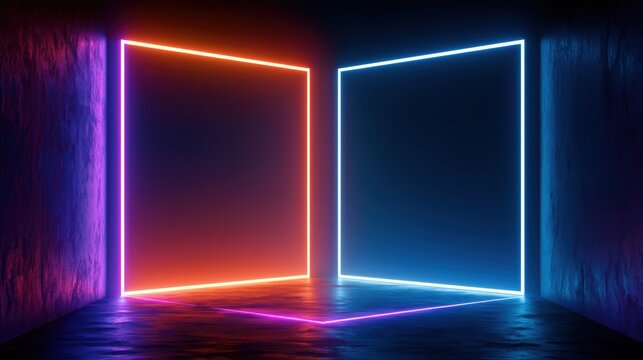 3d technology abstract neon light background, empty space scene, spotlight, dark night, virtual reality, cyber futuristic sci-fi background, street floor studio for mock up. colored geometric