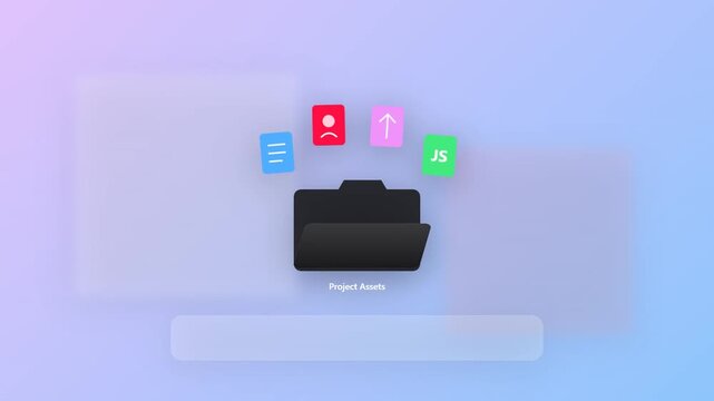 Modern Animation of a Project Assets Folder with Floating Digital Icons and Glassmorphism Background