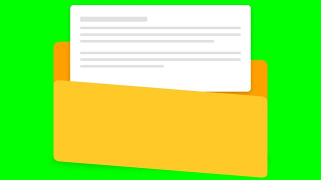 Animated Yellow Folder Opening to Reveal a White Document on Green Screen Background for Compositing