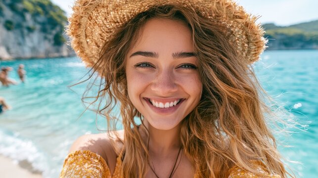 closeup shot of a good looking female tourist. Enjoy free time outdoors near the sea on the beach. Looking at the camera while relaxing on a clear day Poses for travel selfies smiling happy tropical