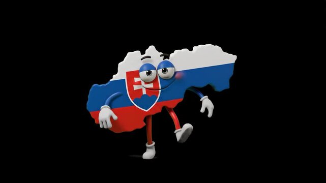 A cute 3D mascot shaped like the map of Slovakia, textured with its national flag, dancing cheerfully against a solid black background. Perfect for educational geography videos, travel content, and cu