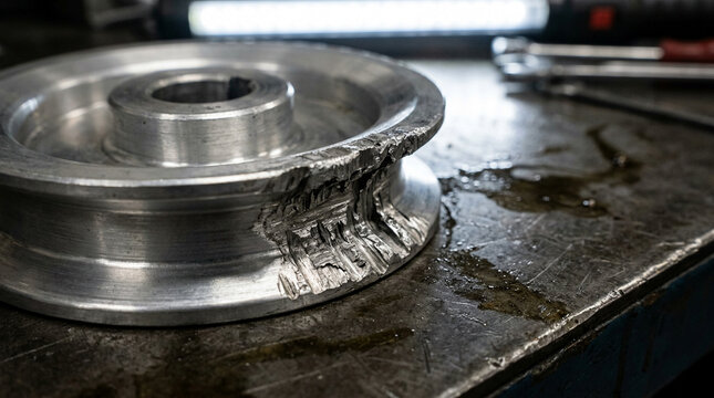 Gouged aluminum v-belt pulley with severe metal galling