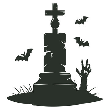 Halloween gravestone silhouette illustration. Cemetery monument with bats and zombie hand flat vector illustration. Halloween grave isolated on white background