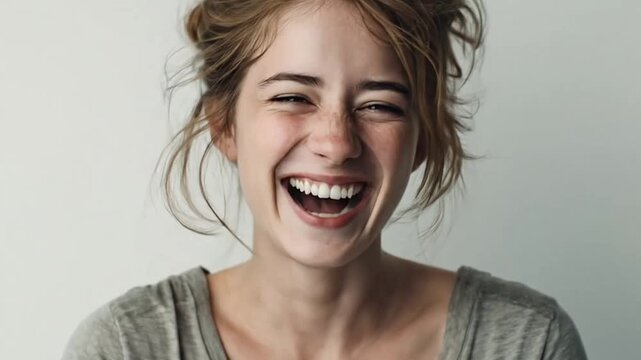 Young woman laughing heartily with her eyes closed.