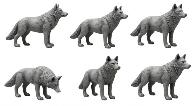 gray wolves standing and walking against a clean white background ready for graphic design and wildlife projects