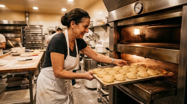 Smiling female baker in white apron sliding metal baking sheet with golden sesame seed burger buns into commercial oven in busy bakery kitchen