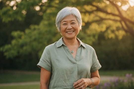 Joyful senior Asian woman with short silver hair and warm laugh lines smiling outdoors in a sunlit park during golden hour portrait