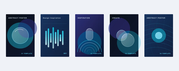 Abstract poster set with blue gradients, sound wave patterns, circular shapes, grid lines, and minimalist typography © Khadija