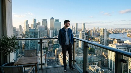 Obraz premium Young man in casual jacket standing on high-rise balcony overlooking modern city skyline at golden hour, hands in pockets, contemporary urban lifestyle photography