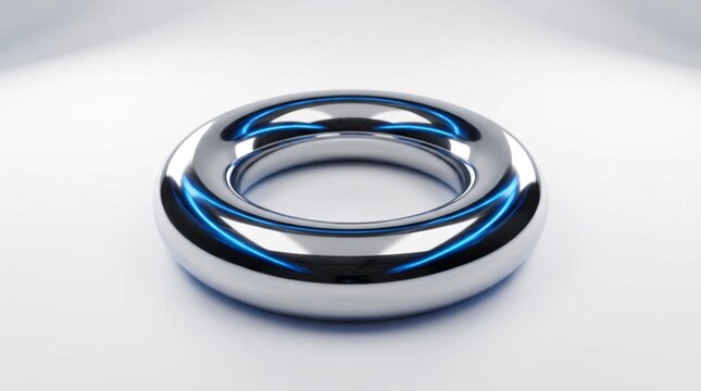 Polished chrome torus with blue neon reflections resting on seamless white studio backdrop, shiny metallic ring shape, abstract futuristic 3D render with glossy reflective liquid surface and clean