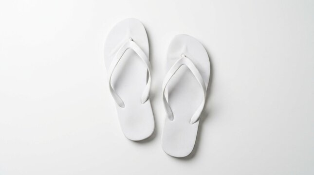Pair of plain white rubber flip flop sandals arranged casually on clean white surface with soft overhead studio lighting and minimal shadow