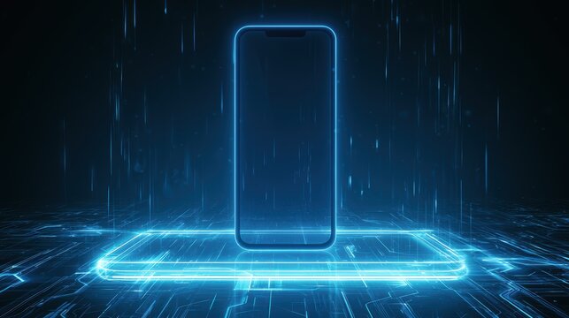 Smartphone on technology background. Neon glowing mobile phone on abstract dark background. Futuristic network connection
