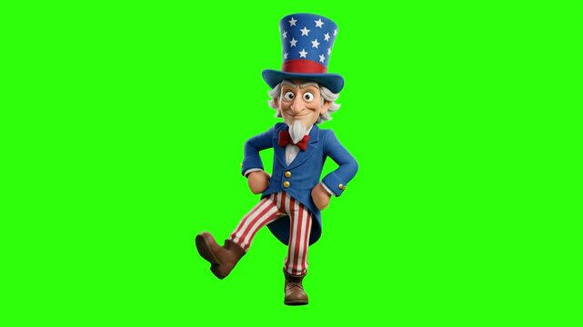 A cheerful 3D animated Uncle Sam character wearing a patriotic star top hat and striped trousers, walking with hands on hips on a solid chroma key green screen. Perfect for keyable video overlays, pat