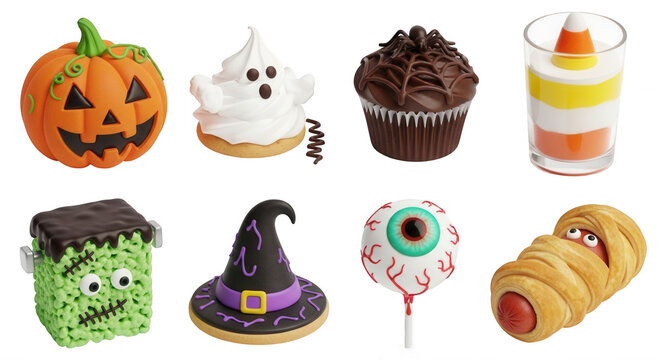 assortment of decorated halloween treats sweets and desserts isolated on white background party promotion or recipe images