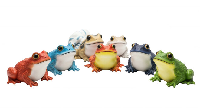 colorful frog figurines grouped together displayed on a clean white background likely decorative purposes or educational material