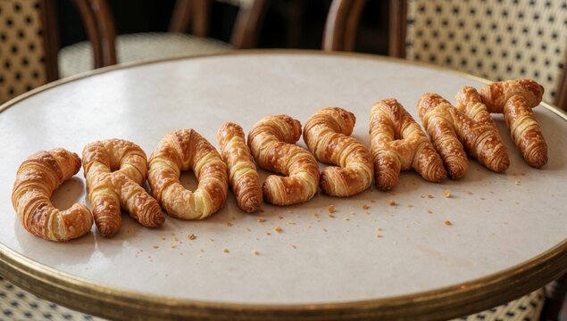 Round wooden table white tablecloth there several freshly baked croissants arranged shape word croissant cursi