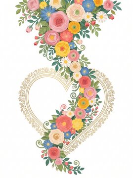 Intricate floral heart illustration with vibrant roses and delicate lacework design