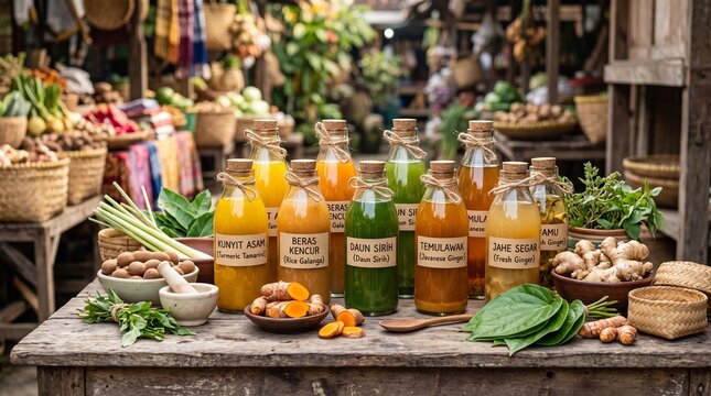 Traditional Indonesian jamu display with herbal ingredients on rustic wooden table for local culture, healthy beverage and natural wellness concept