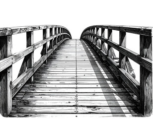 Fototapeta premium Wooden Bridge Pathway Isolated Black and White Illustration