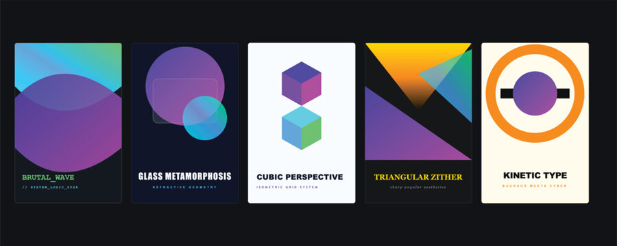 Brutal wave, glass metamorphosis, cubic perspective, triangular zither, kinetic type, refractive geometry, isometric axis, sharp angular